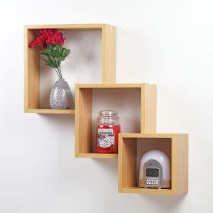 Natural - Set Of 3 Connected Cube Floating Wall Shelves